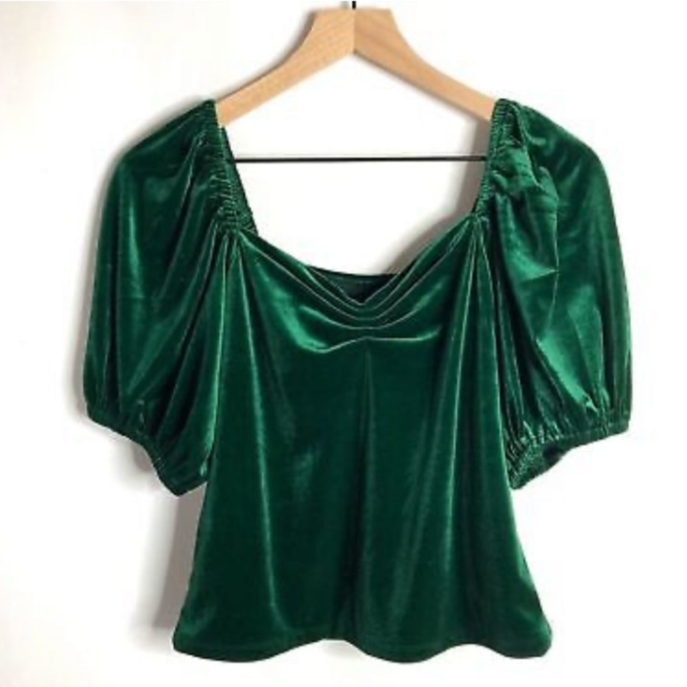 RACHEL ZOE Emerald Green Velvet Top Puff Short Sleeve Crop Size LARGE